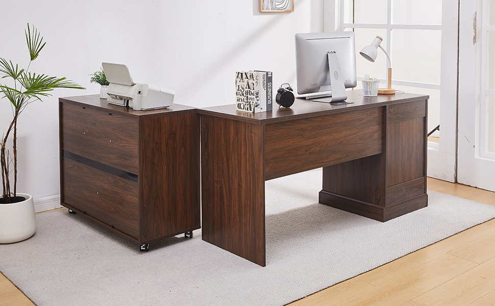  L-Shaped Executive Desk with 40" File Cabinet