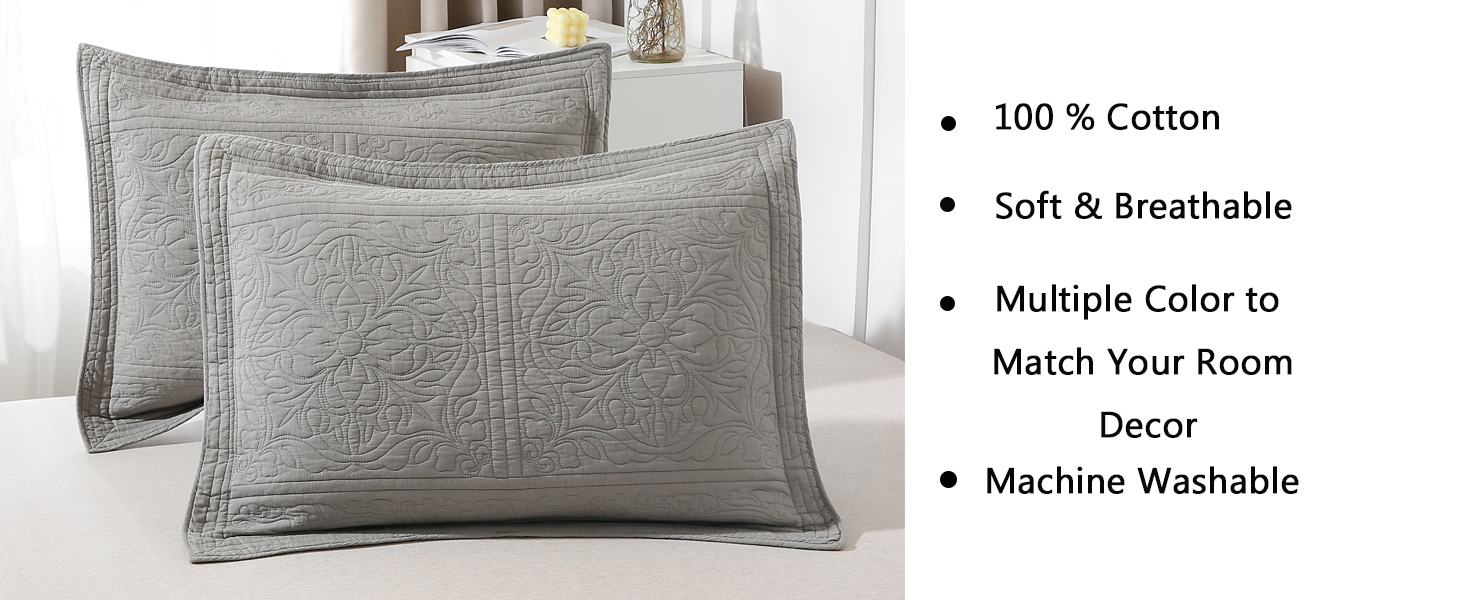 ANGIYUIN Grey King Size Pillow Shams, 100 Cotton Quilted