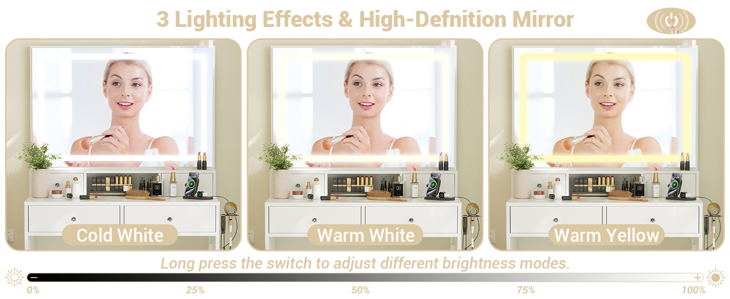 BeeLinny Vanity Desk with Mirror and LED Lighted & Power