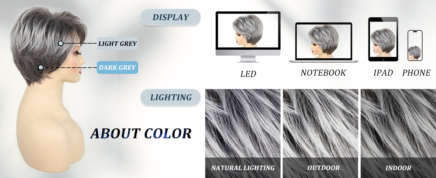 Short Grey Pixie Cut Wigs for Women with Bangs Mixed Gray