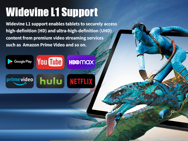 Digital content support advertisement showing tablet with chameleon, logos of streaming services, and text describing Widevine L1 support for HD and UHD content.