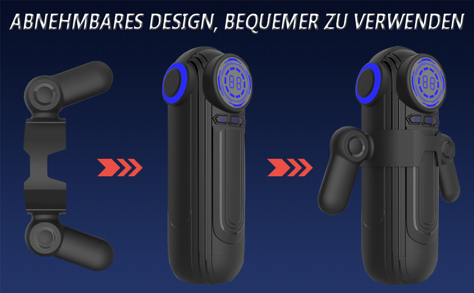 Der Text lautet 'Bild 2' und 'ABNEHMBARES DESIGN, BequemER ZU VERWENDEN'. Produktdemonstration, die ein schwarzes elektronisches Gerät mit verstellbaren Komponenten aus mehreren Blickwinkeln zeigt.