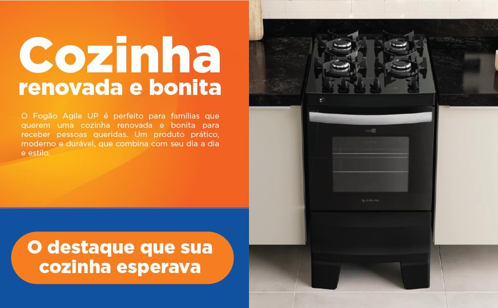 Fogão 4 Bocas Preto com Mesa de Vidro Atlas Agile Up Bivolt 