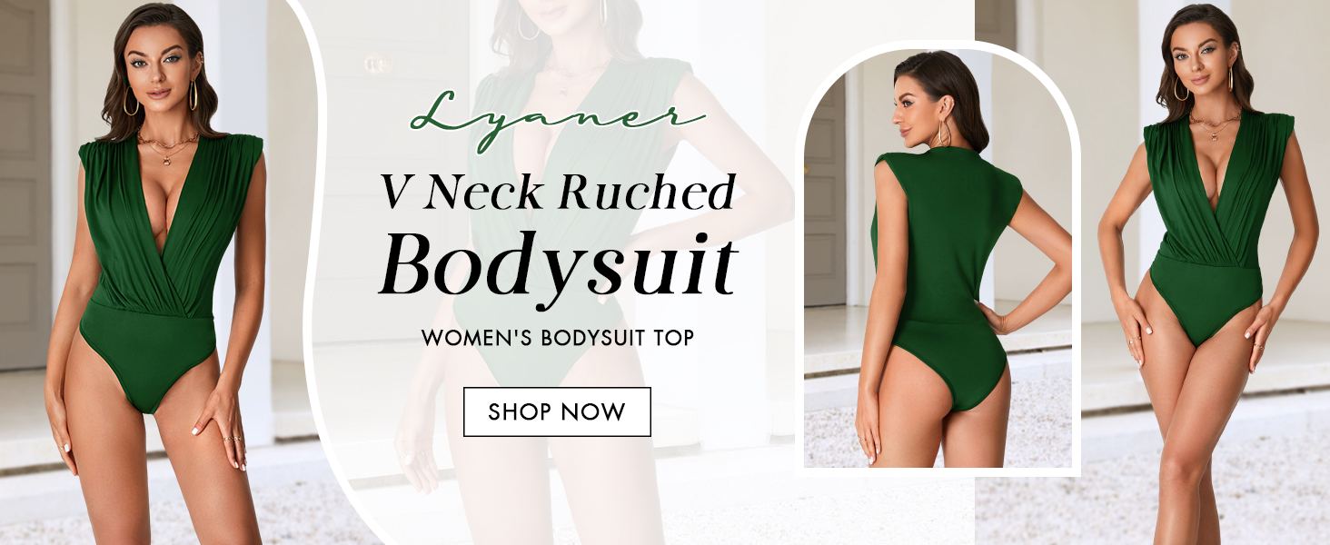 LYANER Women's Wraped V Neck Ruched Sleeveless Tank Leotard Bodysuit Top