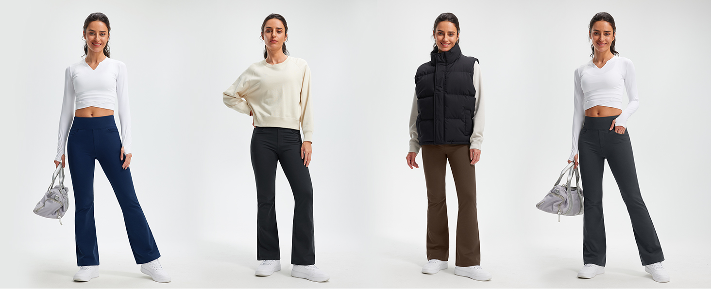 Colección de fotos de productos de moda que muestran varios pares de pantalones anchos en diferentes colores, incluidos azul, negro y marrón, que se muestran en modelos sobre fondo blanco.