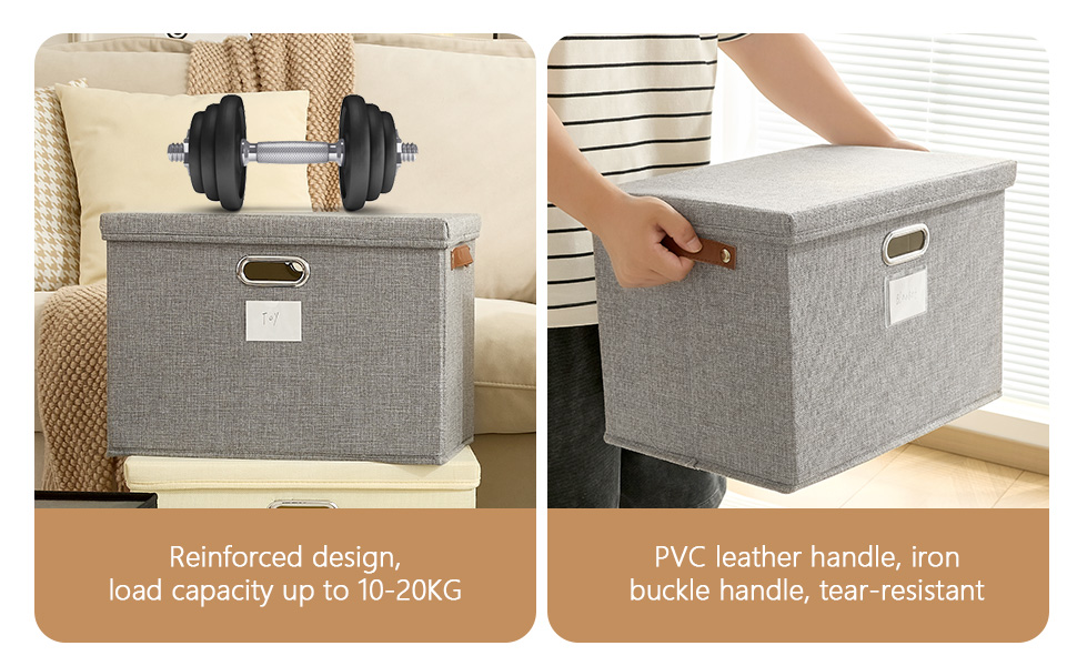 Gray fabric storage box with PVC handles shown in two views - closed and with lid being lifted, featuring reinforced design and high capacity.