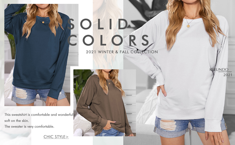 Ladies Casual Solid Color Pullovers Loose Fit Crew Neck Sweatshirts with Elastic Ribbed Hem Cuffs