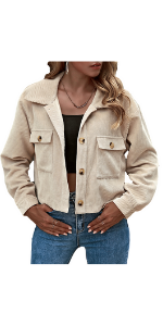 Women's Retro Cropped Corduroy Shirt Shacket Long Sleeve Blouse Jacket Crop Top 