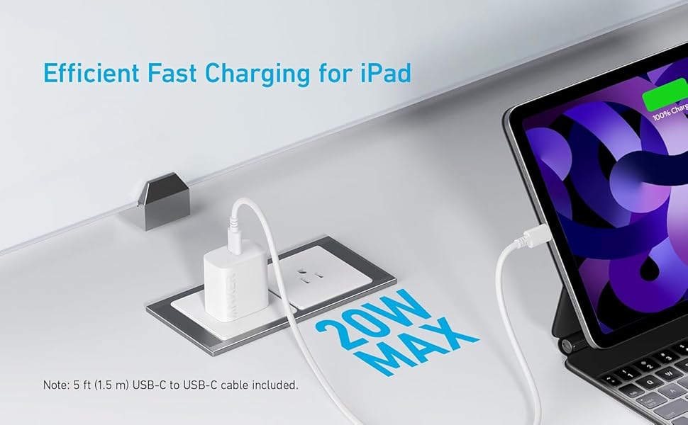 Fast charging cable connected to tablet device, with blue LED charging indicator visible.