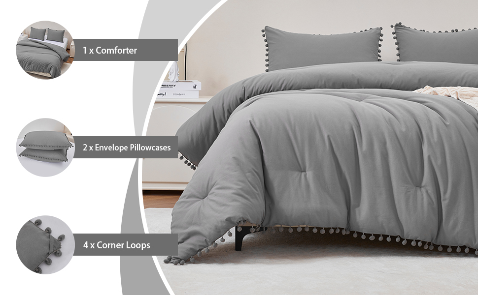 FROHAUL Gray Queen Comforter Set with Pom Pom Fringe,Cotton