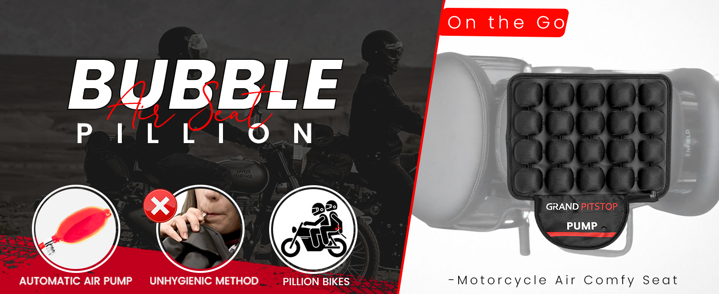 Heated Seat Cushion GRAND PITSTOP Motorcycle Air Seat Cushion, On The Go Inflate & Deflate, Pressure Relief Motorcycle Seat Pad, Shock Proof Comfortable For Motorbike Long Rides (Pillion Premium With Air Pump