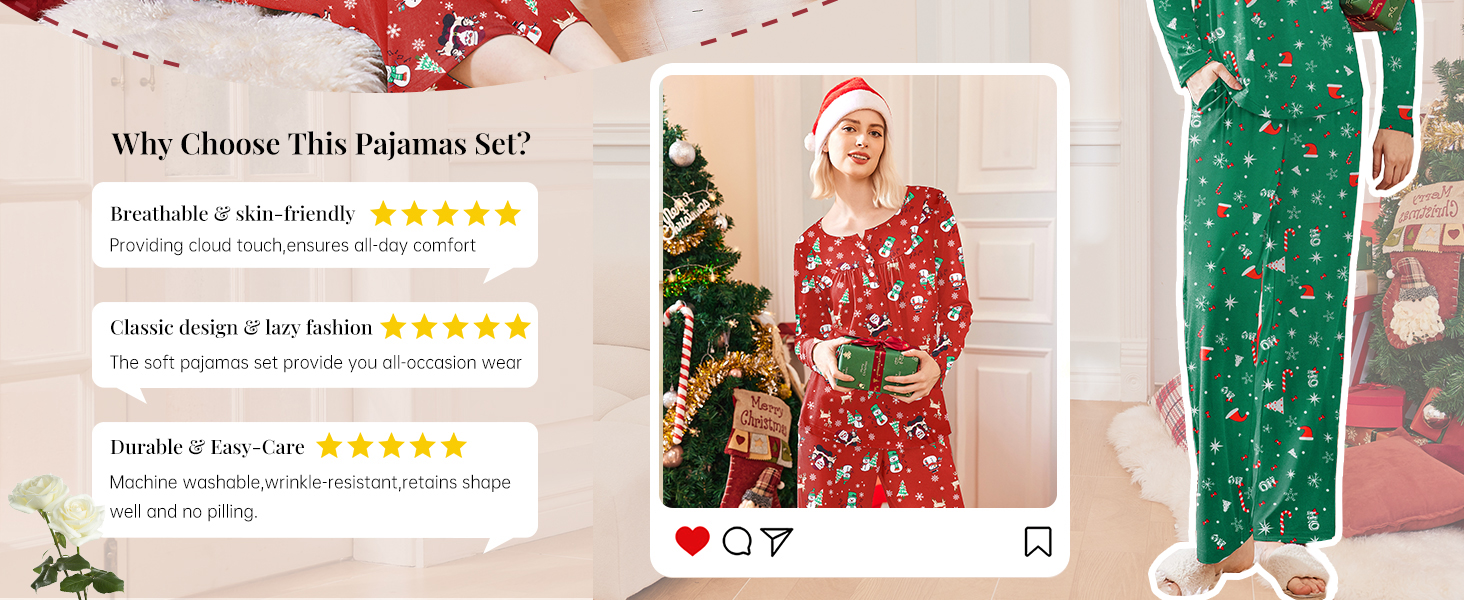Ekouaer Matching Christmas Pajama Sets Long Sleeve Tops with Long Pants Loungewear Pjs Set