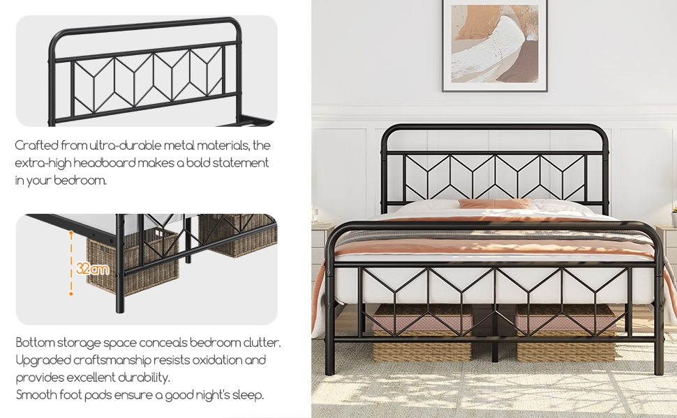 Yaheetech 4ft6 Double Bed Frames Vintage Sturdy Metal Platform Bed with