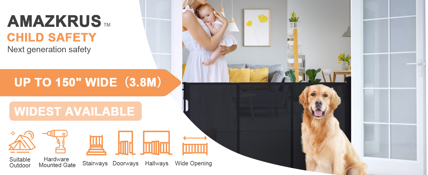 AMAZKRUS Retractable Baby Gates Extra Wide 150'' Tall 35
