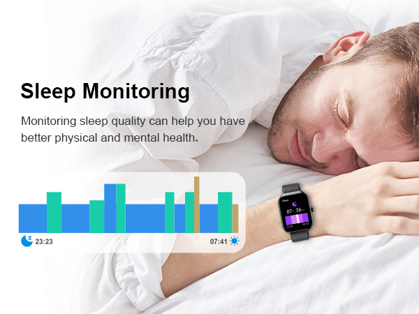 Smartwatch sleep monitoring interface showing blue bar graph data, displayed alongside sleeping person wearing device.