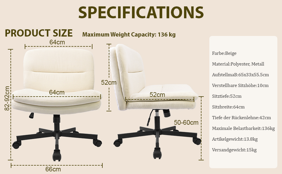 Spezifikationsdiagramm für einen Bürostuhl. Zeigt Abmessungen: 64 cm Breite, 52 cm Tiefe, 85-92 cm Höhe. Höchstgewichtskapazität: 136 kg
