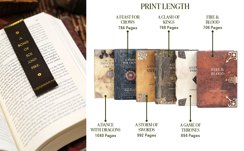 Open Game of Thrones book to the left Right side features print lengths of each book