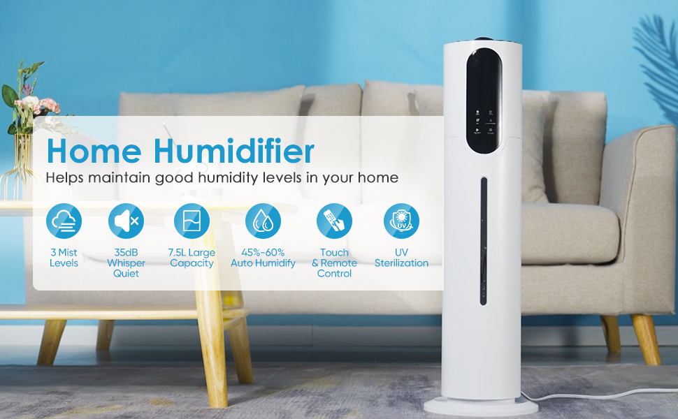 SEAAN Humidifier for Bedroom Large Room, 7.5L 35dB Quiet Cool Mist