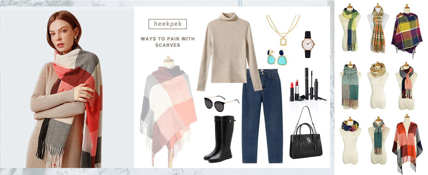 eine Frau, die einen Pullover, Jeans, Stiefel und einen Schal