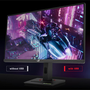 Gaming-Monitor, der eine Szene im Cyberpunk-Stil mit lila und blauen Neonlichteffekten in urbaner Umgebung zeigt.