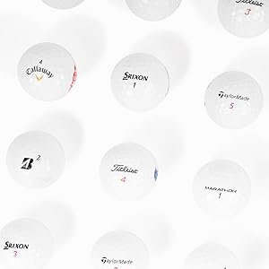 mixed golf balls lined up