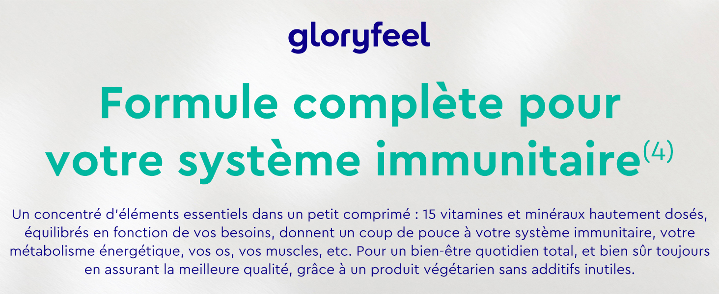 Publicité de produit en français pour un supplément pour le système immunitaire. Texte bleu et bleu sarcelle sur fond blanc. Le nom de la marque « gloryfeel » est visible en haut