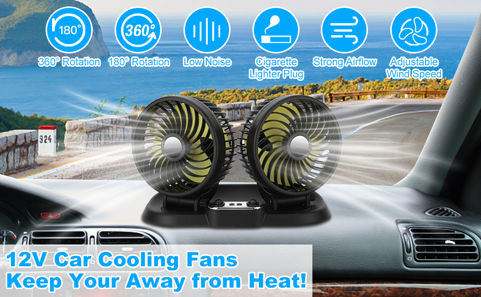12V Electric Car Fan Car Cooling Fan 360 ° Rotatable Dual Head