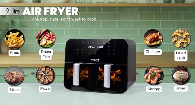 Kitchen Air Fryer Oven – Energy Saving Dual Compartment Air Fryer – 12 Cooking Presets For Convenient Operation – Oil Free Healthy Cooking – Touch Screen Display – 9L, 2400W – by Nuovva 13 deep fat recipe book tower xl double kitchenware small large fry reheat bake roast