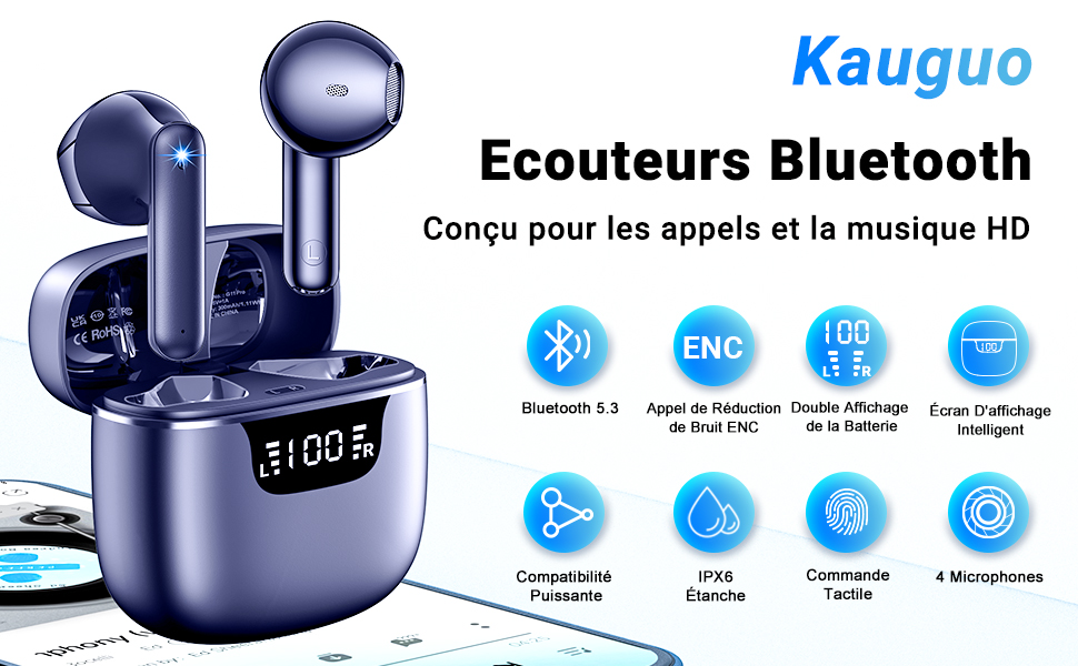 avec étui de chargement. Finition bleue métallisée. Le boîtier affiche le pourcentage de batterie. Les caractéristiques du produit incluent Bluetooth 5.3, la suppression du bruit, une conception étanche et des commandes tactiles.