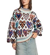 D-Sun Women Long Sleeve Printed Sweater Mock Neck Heart Printed Pullover Sweater Fashion Color Bl...