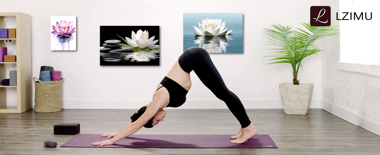 LZIMU Zen Canvas Wall Art White Lotus and Black Zen Stones Bloom in