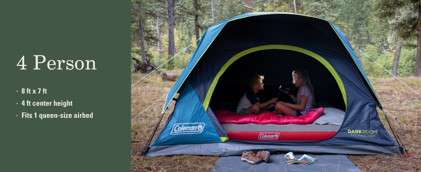 coleman skydome tent four person people camping fit room height size airbed queen sleep nice kids