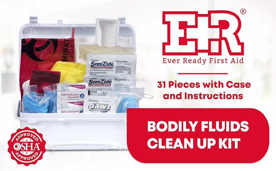 Bodily Fluids Clean Up Kit with Instructions and Wall Mountable Case, OSHA Compliant – 31 Pieces