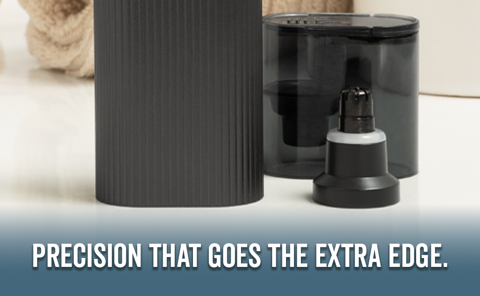Close-up of Titanium Edge precision nose trimmer head and case.