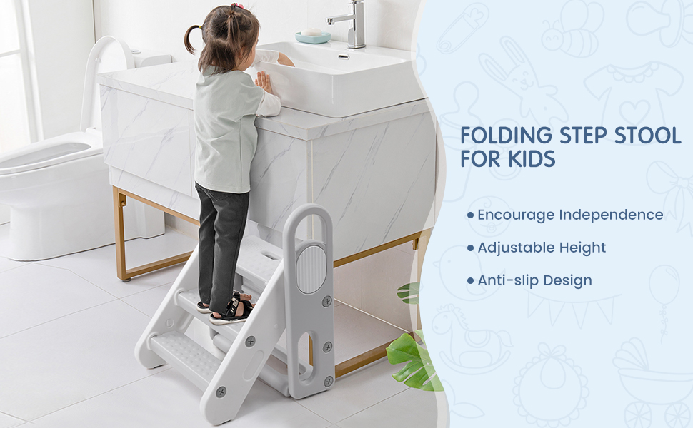 Foldable Toddler Step Stool for Kids, Adjustable 3 Steps