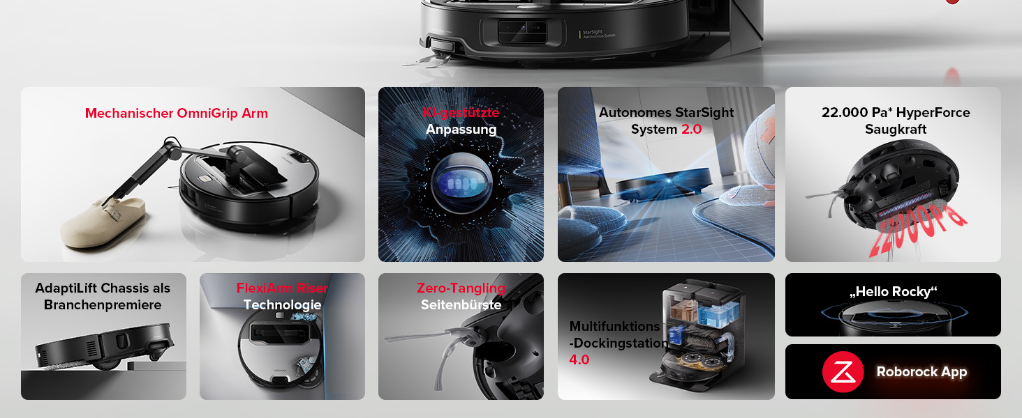 Zusammengesetztes Bild, das einen Roboter-Staubsauger zeigt. Auf mehreren Panels werden Funktionen wie Hindernisvermeidung, Saugkraft, App-Steuerung und verschiedene Reinigungsmodi hervorgehoben. Das Gerät erscheint rund und schwarz