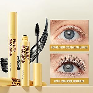 Text reads 'BEFORE' and 'AFTER - LONG, DENSE, AND CURLED'. Beauty product demonstration showing mascara application effects on eyelashes with close-up eye imagery.