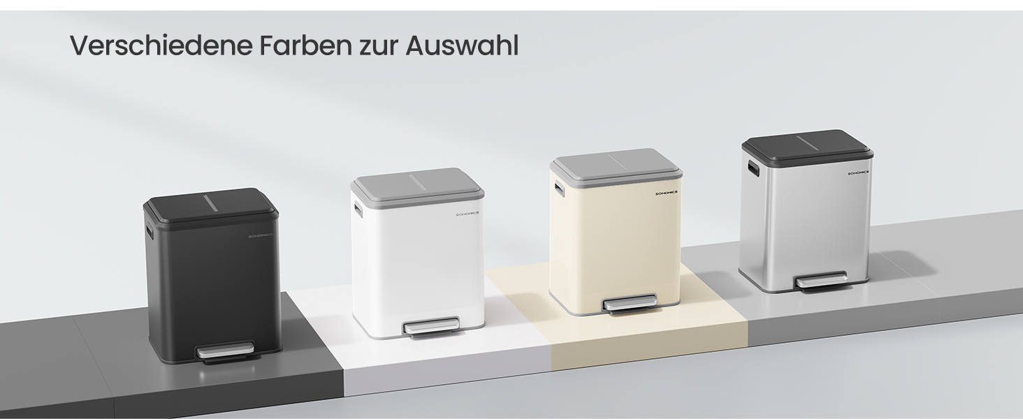 Štyri kompaktné štvorcové odpadkové koše v rôznych farbách: čiernej, bielej, béžovej a svetlosivej. Zoradené na povrchu, prezentujúce farebné možnosti.