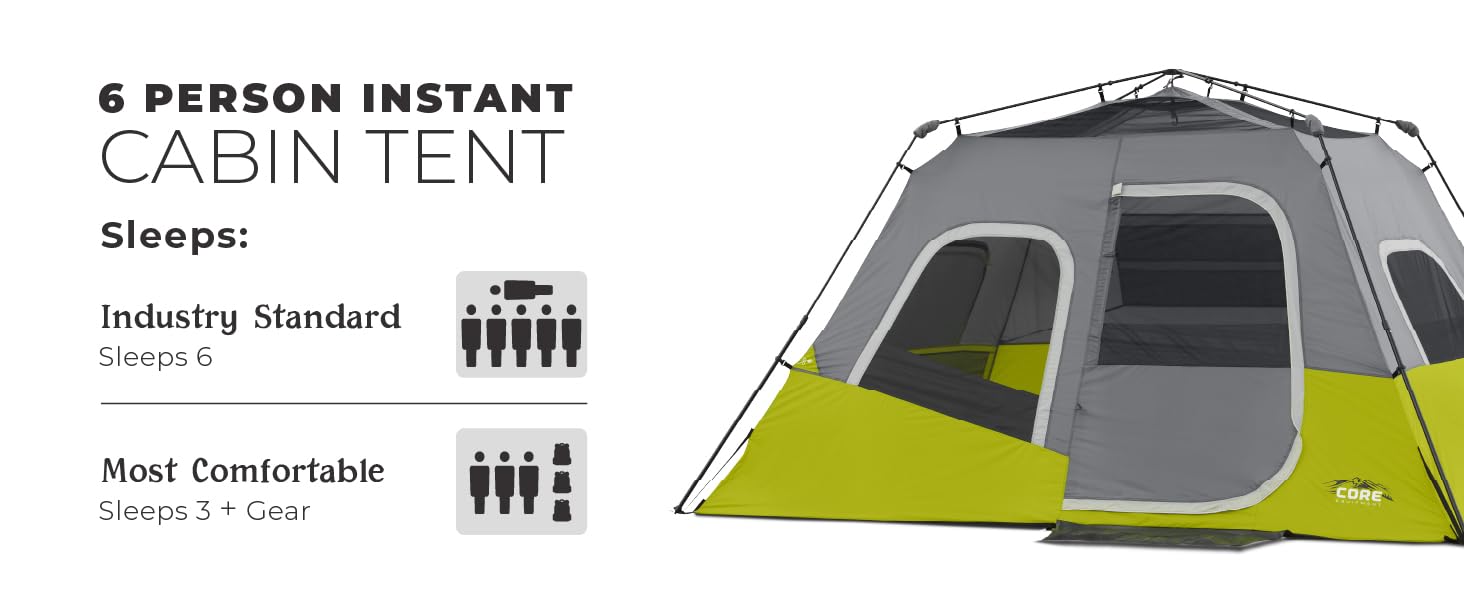 Industry standard 6 person tent. Most comfortable for 3 people + gear