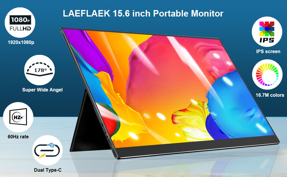 LAEFLAEK Portable Monitor, 15.6" 1080P Portable Monitor for