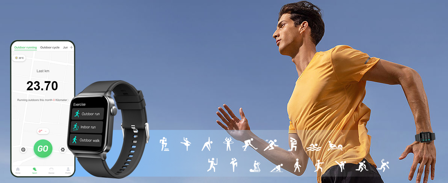 Donerton T50S Smart Watch showing remote camera control and music control interfaces.