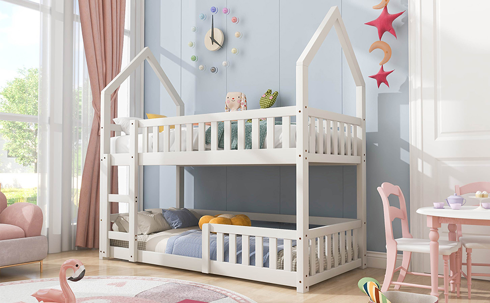 HOOSENG Bunk Bed Twin Single Sleeper Bed, 3FT Solid Wood Bed Frame Single Bed Gaming Bed With Ladder And Guard Rail, Castle-shaped Bed Children's Bedroom Furniture For Kids Children (White) 17 6
