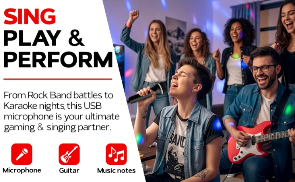 group of friends jamming out together on guitar and wired microphone