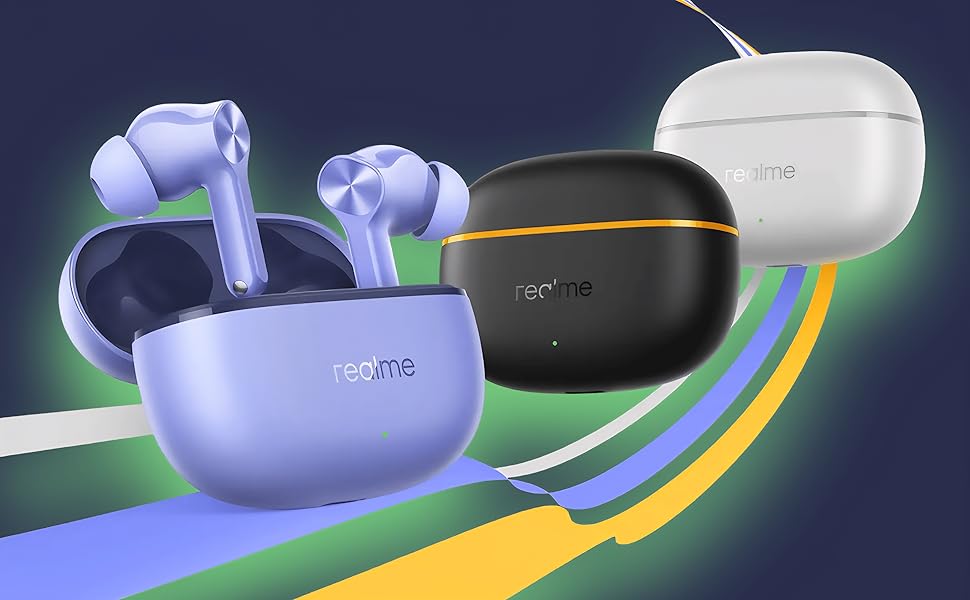 realme Buds T200 Lite in Purple, Black-Yellow and White charging cases, Bluetooth in-ear earbuds