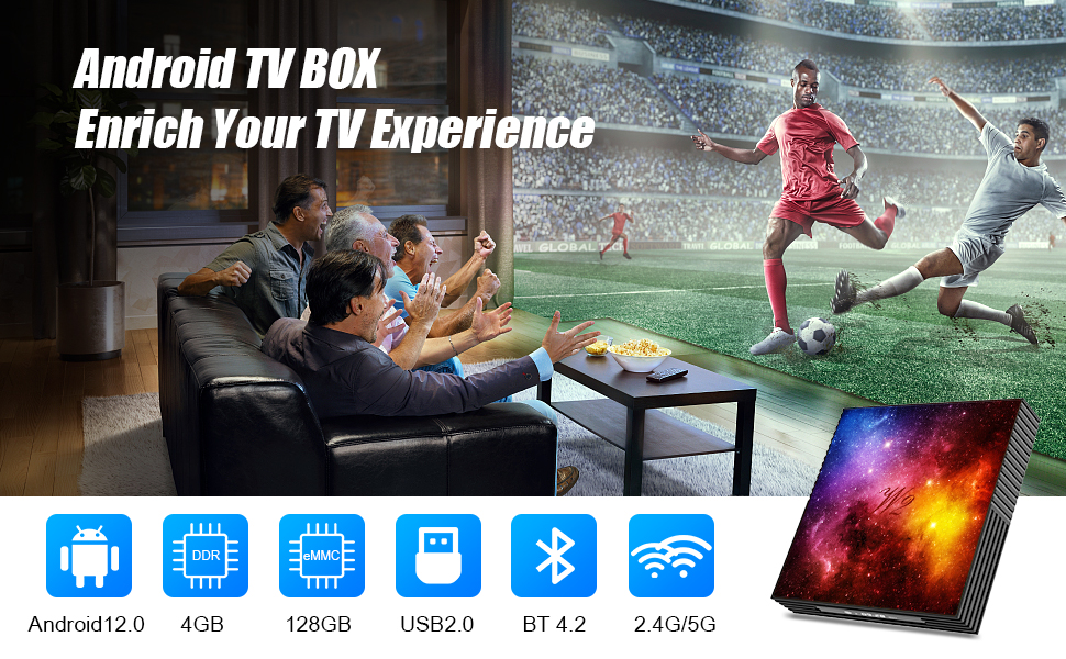 Android TV box advertisement showing device features and family watching sports on TV. Specs include Android 10, 4GB RAM, 128GB storage, USB 2.0, BT 4.2, and 2.4/5G Wi-Fi.