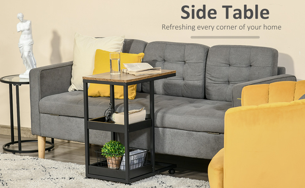 Industrial Mobile Sofa Side Table CShaped Rolling Couch Table