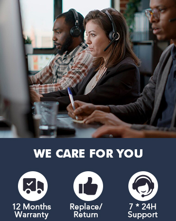 Customer service representatives working at computers. Icons below indicate 12 months warranty, rapid return, and 24/7 support features.