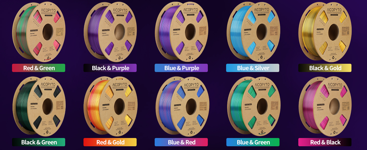 Silk PLA 3D Printer Filament Bundle, Shiny Dual Color Filament 1.75mm Pack, Multi Color Change 3D Printing Filament for Most FFF 3D Printer,1KG X 4 Spools 10 Dual Color Silk PLA 3D Printer Filament 1.75mm Silk Filament 1KG