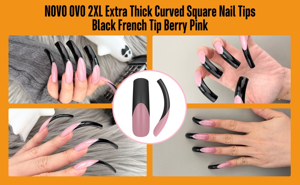 NOVO OVO 2XL Extra Thick Curved Square Nail Tips Black French Tip Berry Pink
