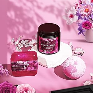 Relaxing skin care set including a 3.5 oz rose-scented candle, diamond handmade soap, and bath bomb